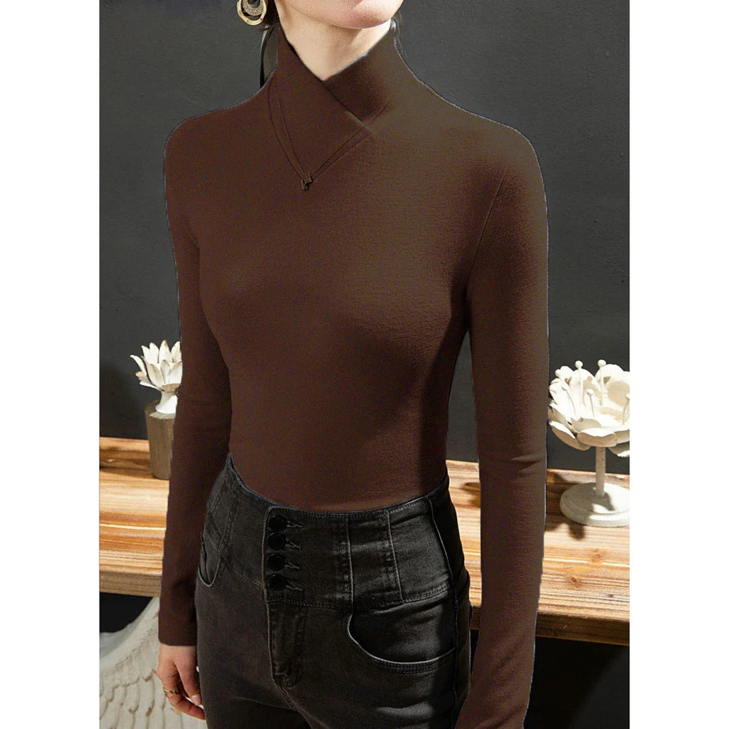 Sweet Elegance Thick Velvet Fleece Long Sleeve Half High Collar Basic Blouse Shirt for Women