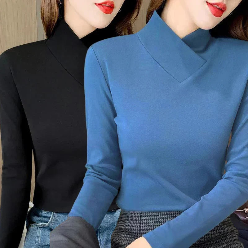 Sweet Elegance Thick Velvet Fleece Long Sleeve Half High Collar Basic Blouse Shirt for Women