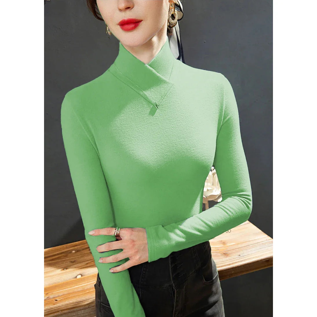 Sweet Elegance Thick Velvet Fleece Long Sleeve Half High Collar Basic Blouse Shirt for Women