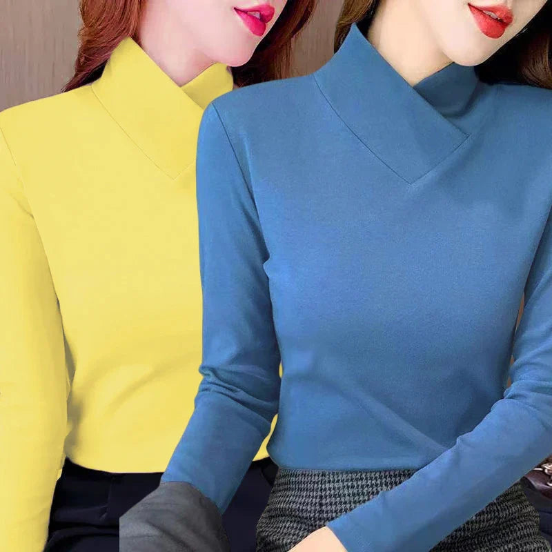 Sweet Elegance Thick Velvet Fleece Long Sleeve Half High Collar Basic Blouse Shirt for Women
