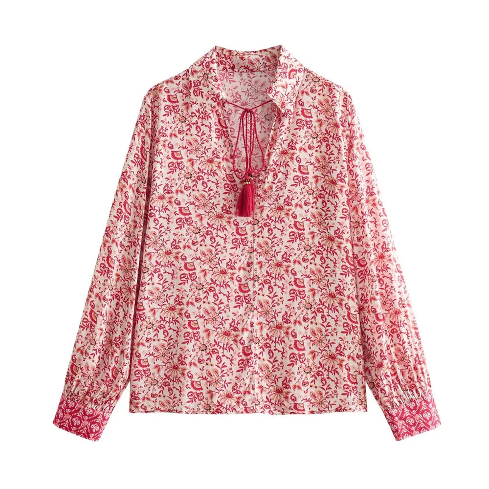 Women's Casual Loose V-Neck Long Sleeve Floral Printed Shirt and Printed Half Skirt Set Stylish Summer Outfit for Office and Leisure