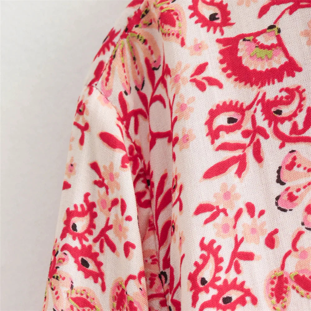 Women's Casual Loose V-Neck Long Sleeve Floral Printed Shirt and Printed Half Skirt Set Stylish Summer Outfit for Office and Leisure