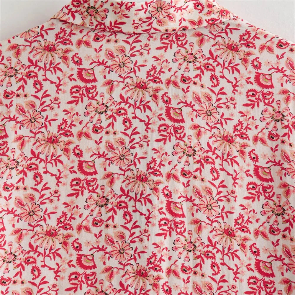 Women's Casual Loose V-Neck Long Sleeve Floral Printed Shirt and Printed Half Skirt Set Stylish Summer Outfit for Office and Leisure