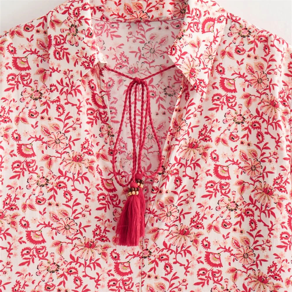 Women's Casual Loose V-Neck Long Sleeve Floral Printed Shirt and Printed Half Skirt Set Stylish Summer Outfit for Office and Leisure