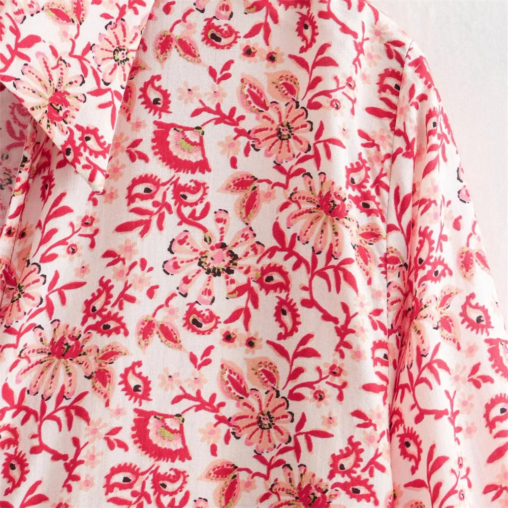 Women's Casual Loose V-Neck Long Sleeve Floral Printed Shirt and Printed Half Skirt Set Stylish Summer Outfit for Office and Leisure