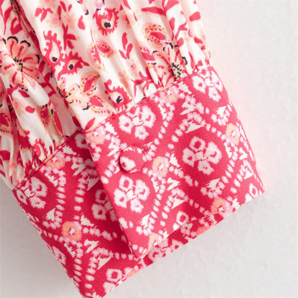 Women's Casual Loose V-Neck Long Sleeve Floral Printed Shirt and Printed Half Skirt Set Stylish Summer Outfit for Office and Leisure