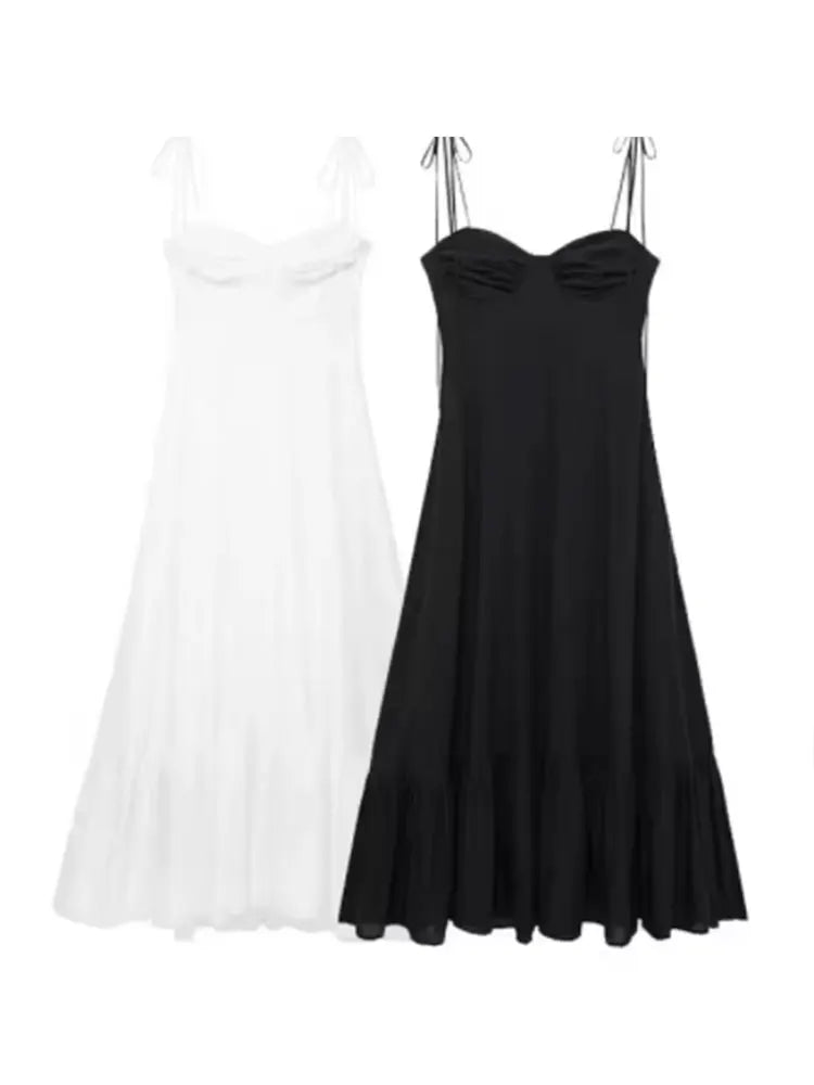 Elegant Summer Long Dress for Women with Spaghetti Straps Backless Lace-Up Detail and Pleats Perfect for Beach and Casual Wear