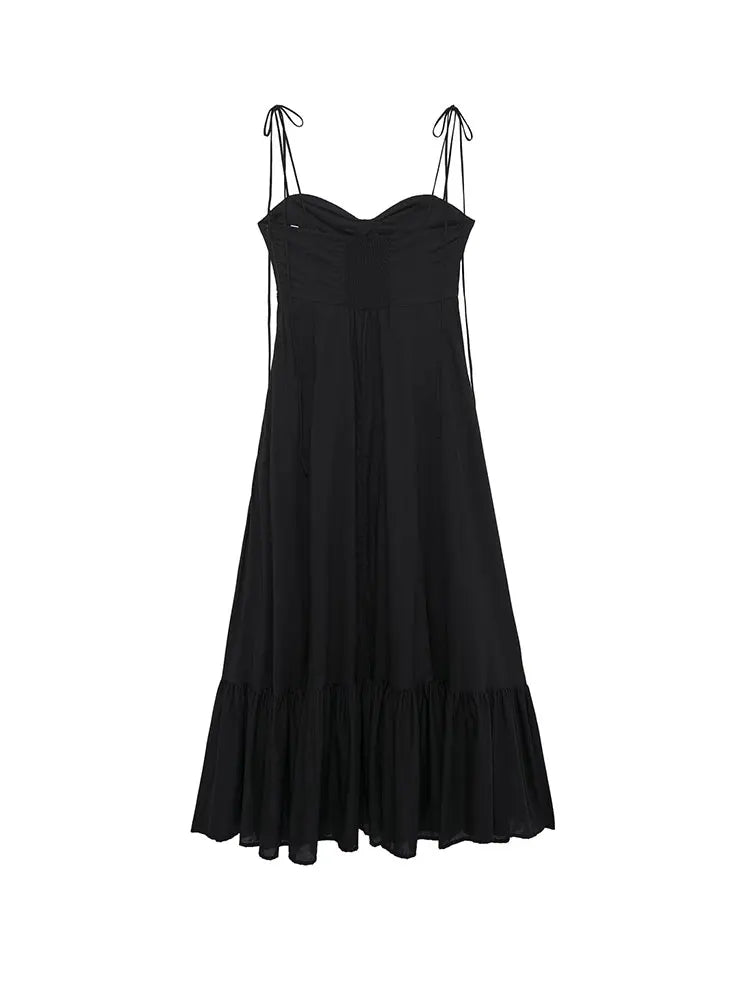 Elegant Summer Long Dress for Women with Spaghetti Straps Backless Lace-Up Detail and Pleats Perfect for Beach and Casual Wear