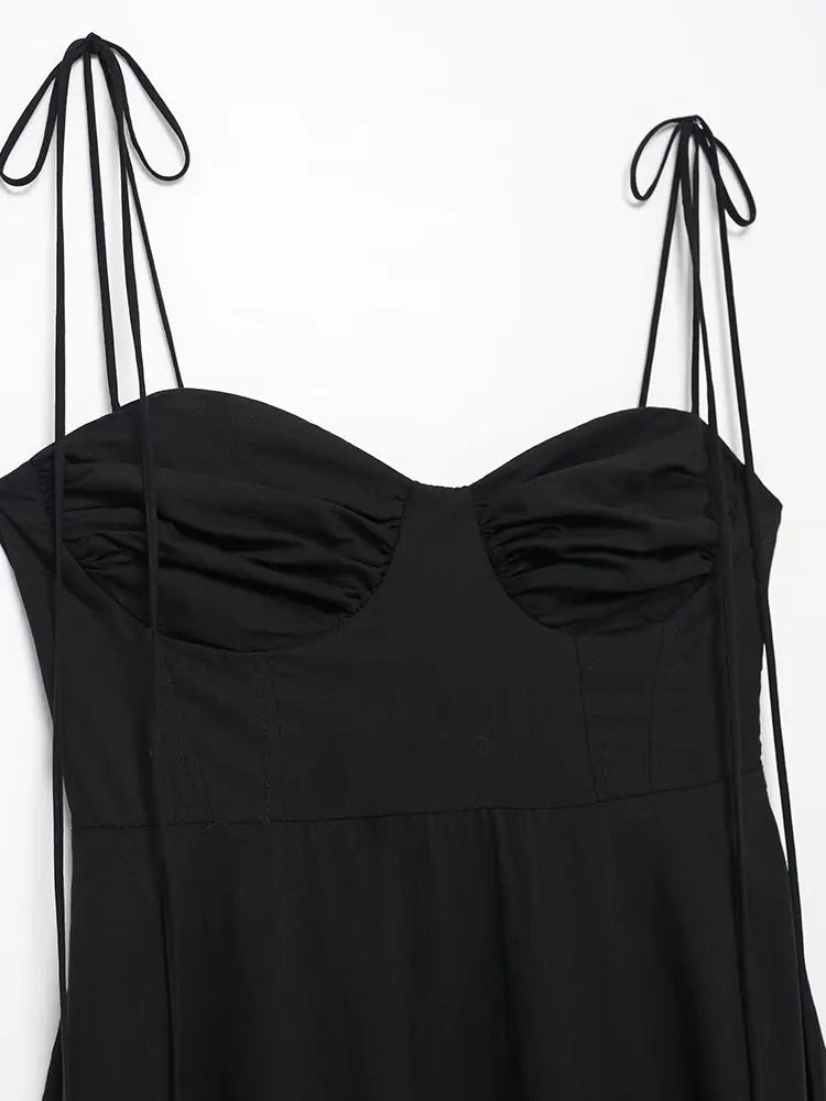 Elegant Summer Long Dress for Women with Spaghetti Straps Backless Lace-Up Detail and Pleats Perfect for Beach and Casual Wear