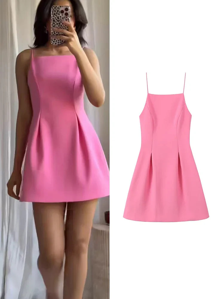 Elegant Ladies Pink Spaghetti Strap Dress with Slim Fit and A-Line Silhouette for Summer Parties and Casual Wear