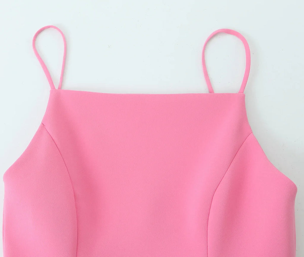 Elegant Ladies Pink Spaghetti Strap Dress with Slim Fit and A-Line Silhouette for Summer Parties and Casual Wear