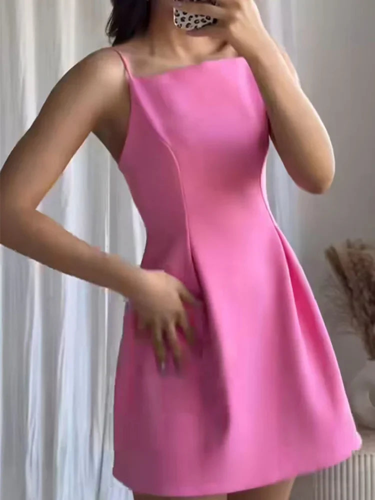Elegant Ladies Pink Spaghetti Strap Dress with Slim Fit and A-Line Silhouette for Summer Parties and Casual Wear