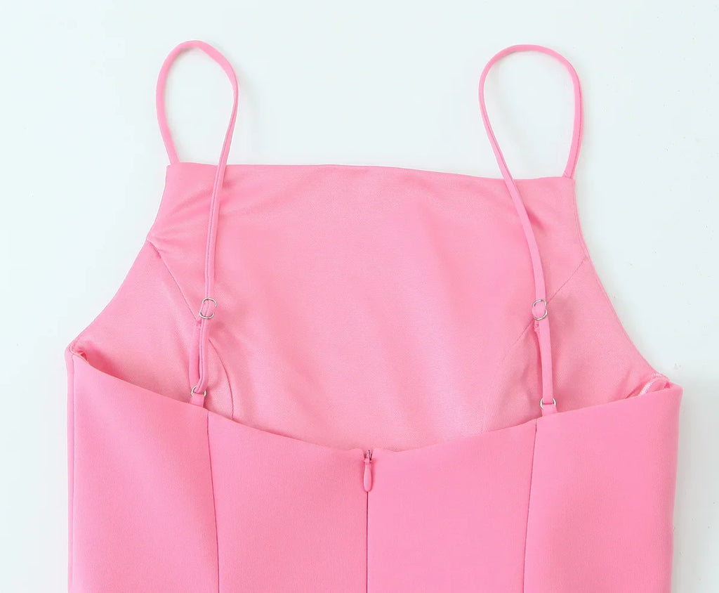 Elegant Ladies Pink Spaghetti Strap Dress with Slim Fit and A-Line Silhouette for Summer Parties and Casual Wear