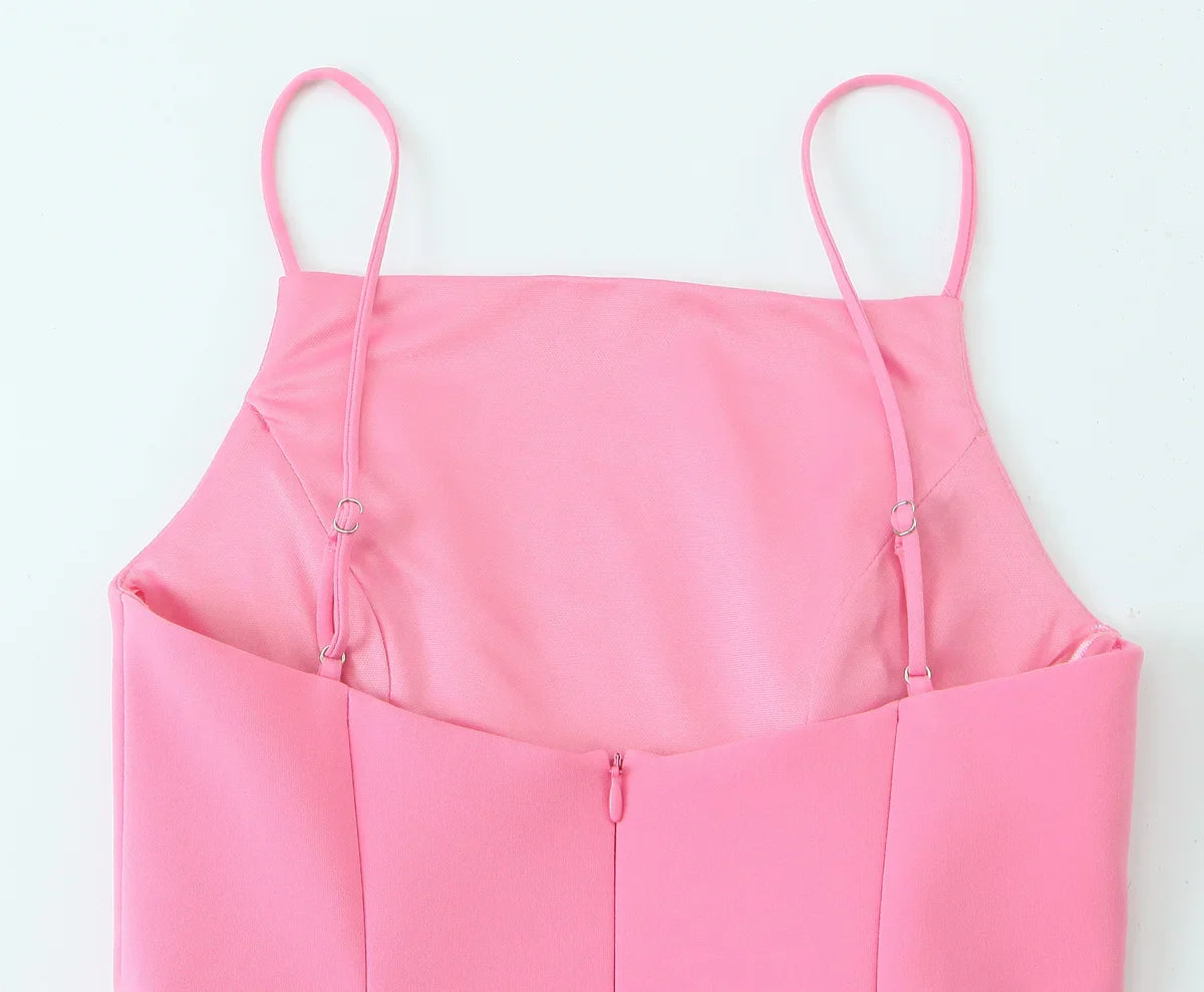 Elegant Ladies Pink Spaghetti Strap Dress with Slim Fit and A-Line Silhouette for Summer Parties and Casual Wear