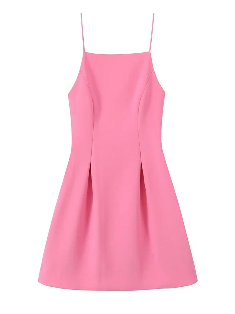 Elegant Ladies Pink Spaghetti Strap Dress with Slim Fit and A-Line Silhouette for Summer Parties and Casual Wear