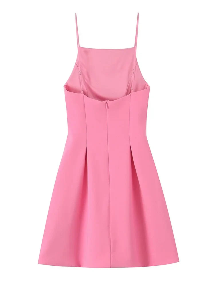 Elegant Ladies Pink Spaghetti Strap Dress with Slim Fit and A-Line Silhouette for Summer Parties and Casual Wear