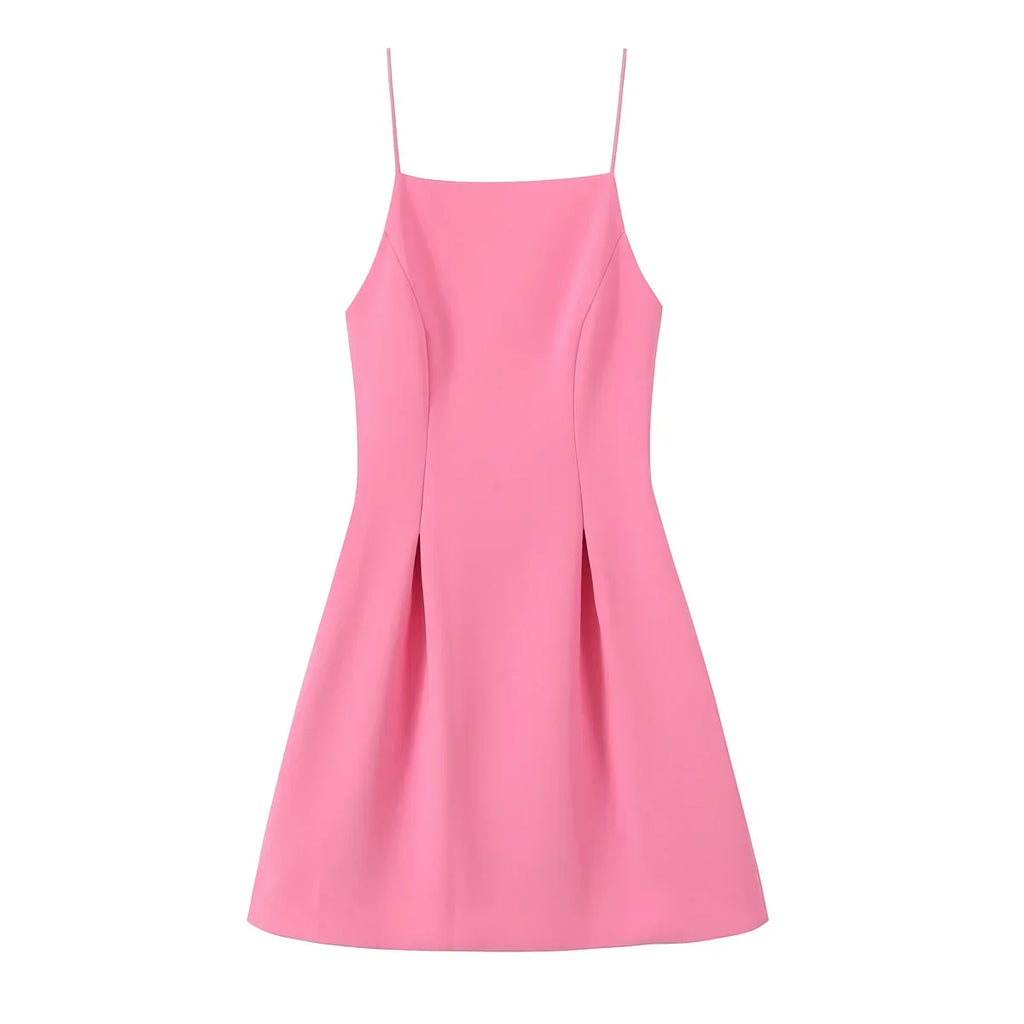 Elegant Ladies Pink Spaghetti Strap Dress with Slim Fit and A-Line Silhouette for Summer Parties and Casual Wear