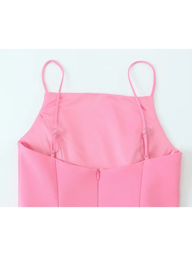 Elegant Ladies Pink Spaghetti Strap Dress with Slim Fit and A-Line Silhouette for Summer Parties and Casual Wear