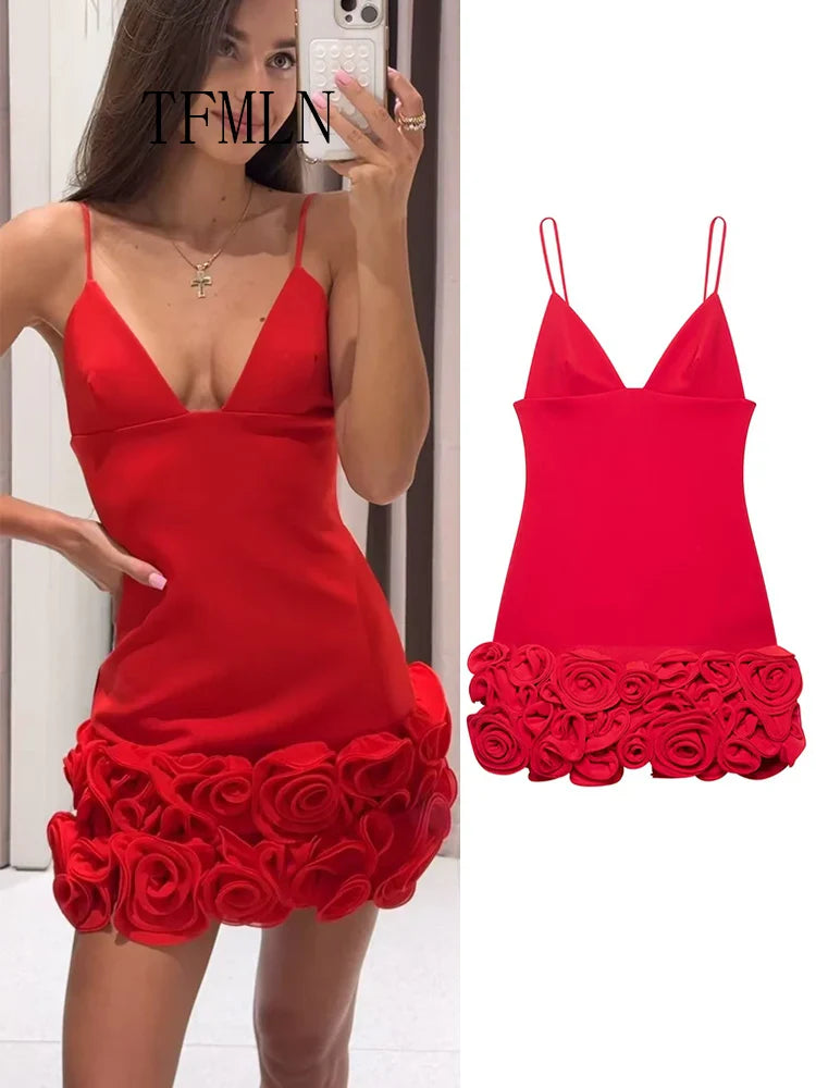 Elegant Women's 3D Flower Mini Dress with V-Neck Sleeveless Backless Strap Dress for Summer Parties and Casual Wear in Vibrant Red