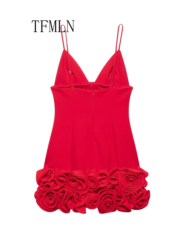 Elegant Women's 3D Flower Mini Dress with V-Neck Sleeveless Backless Strap Dress for Summer Parties and Casual Wear in Vibrant Red