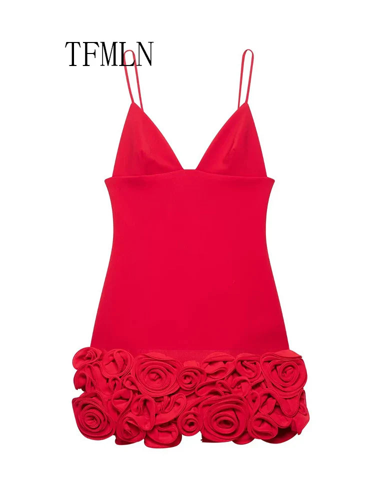 Elegant Women's 3D Flower Mini Dress with V-Neck Sleeveless Backless Strap Dress for Summer Parties and Casual Wear in Vibrant Red