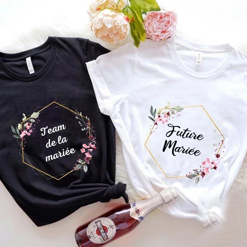 Bridal Wedding Tees French EVJF Future Team Bride Tops Bachelorette Hen Party T-Shirt with Floral Graphic for Bridesmaids and Women