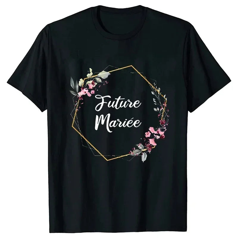 Bridal Wedding Tees French EVJF Future Team Bride Tops Bachelorette Hen Party T-Shirt with Floral Graphic for Bridesmaids and Women