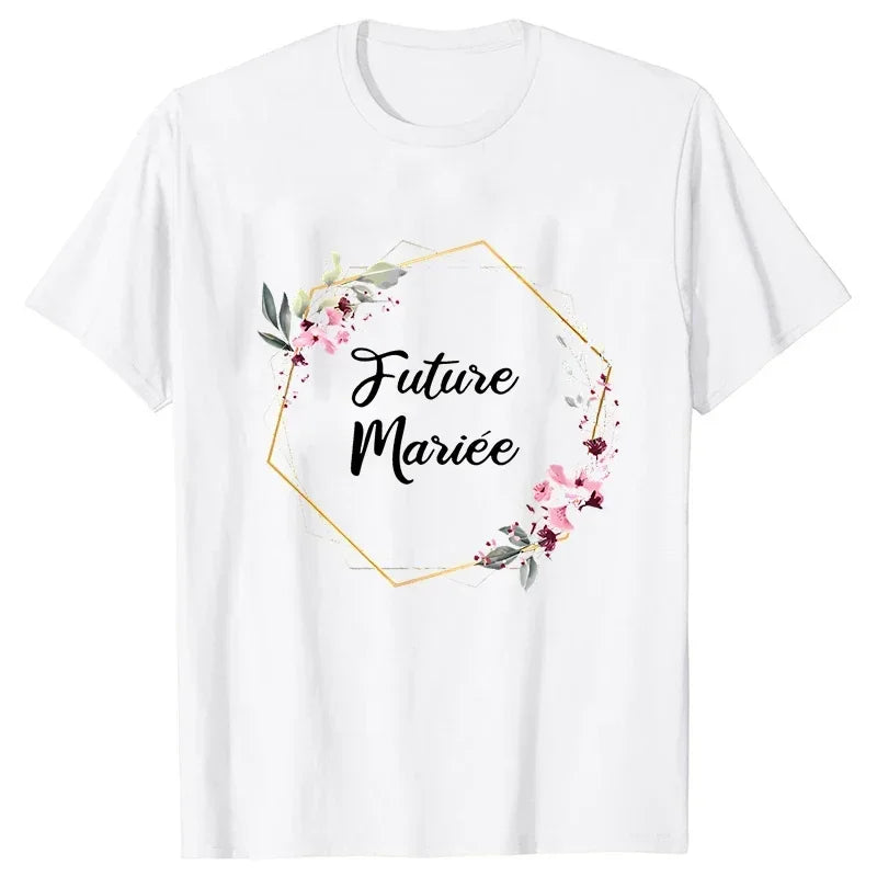 Bridal Wedding Tees French EVJF Future Team Bride Tops Bachelorette Hen Party T-Shirt with Floral Graphic for Bridesmaids and Women