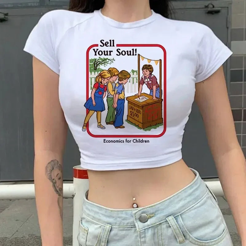 Lets Summon Demons Women Cropped Top Y2K Baby Tee Ghost Graphic Retro Harajuku Style Crop Shirt Who's Possessed Johnny Inspired T Shirt