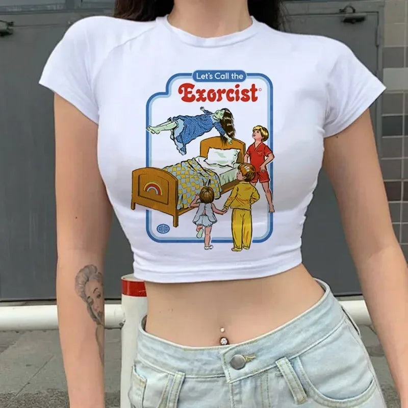 Lets Summon Demons Women Cropped Top Y2K Baby Tee Ghost Graphic Retro Harajuku Style Crop Shirt Who's Possessed Johnny Inspired T Shirt