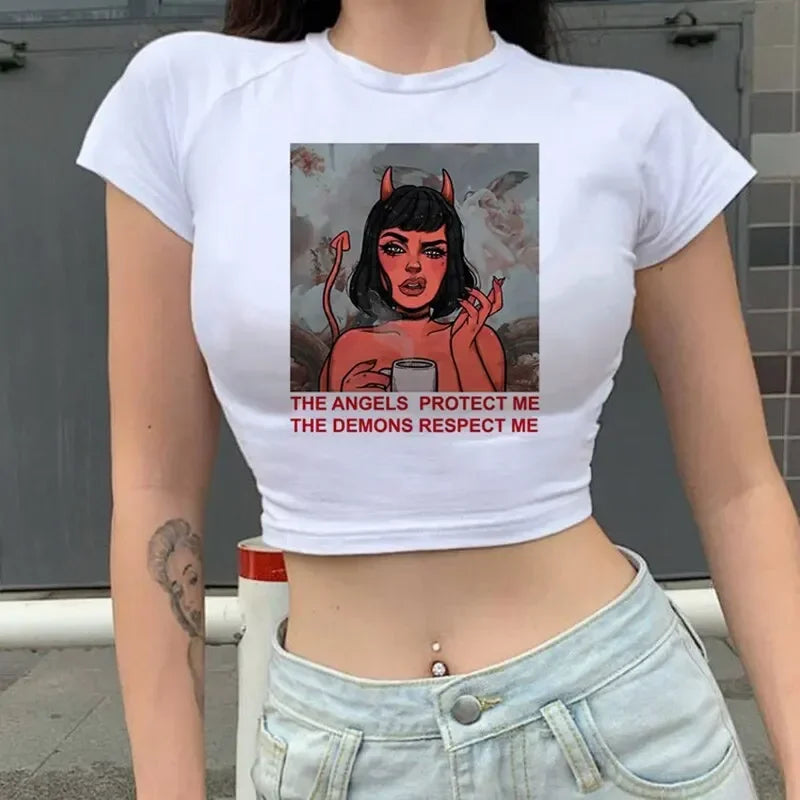 Lets Summon Demons Women Cropped Top Y2K Baby Tee Ghost Graphic Retro Harajuku Style Crop Shirt Who's Possessed Johnny Inspired T Shirt
