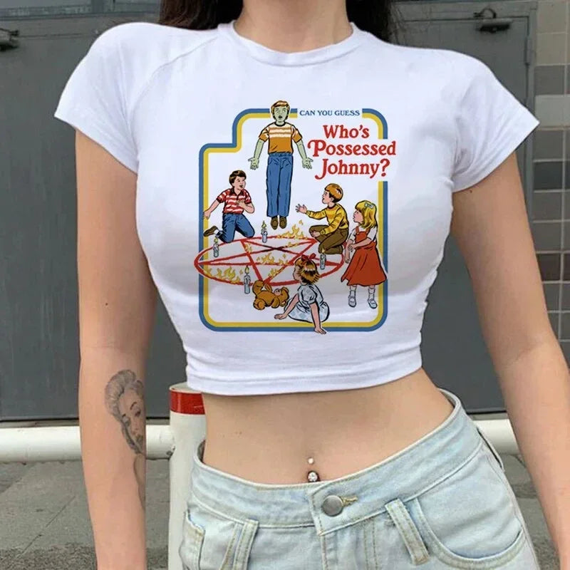 Lets Summon Demons Women Cropped Top Y2K Baby Tee Ghost Graphic Retro Harajuku Style Crop Shirt Who's Possessed Johnny Inspired T Shirt