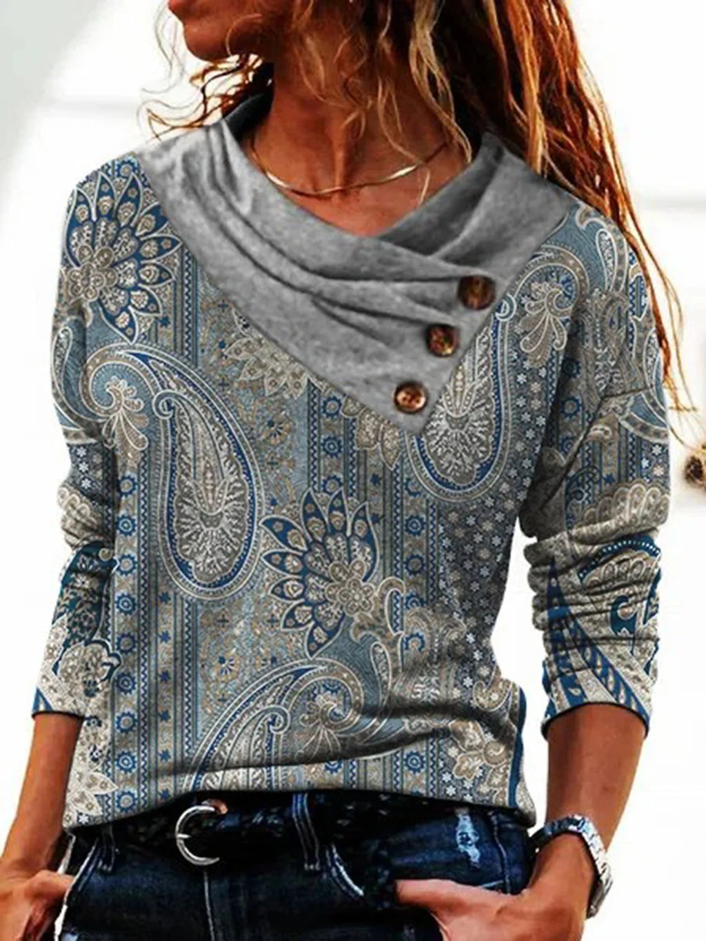 Women's Scarf Collar Long Sleeve Casual Fitted V Neck Top with Elegant Design Sense