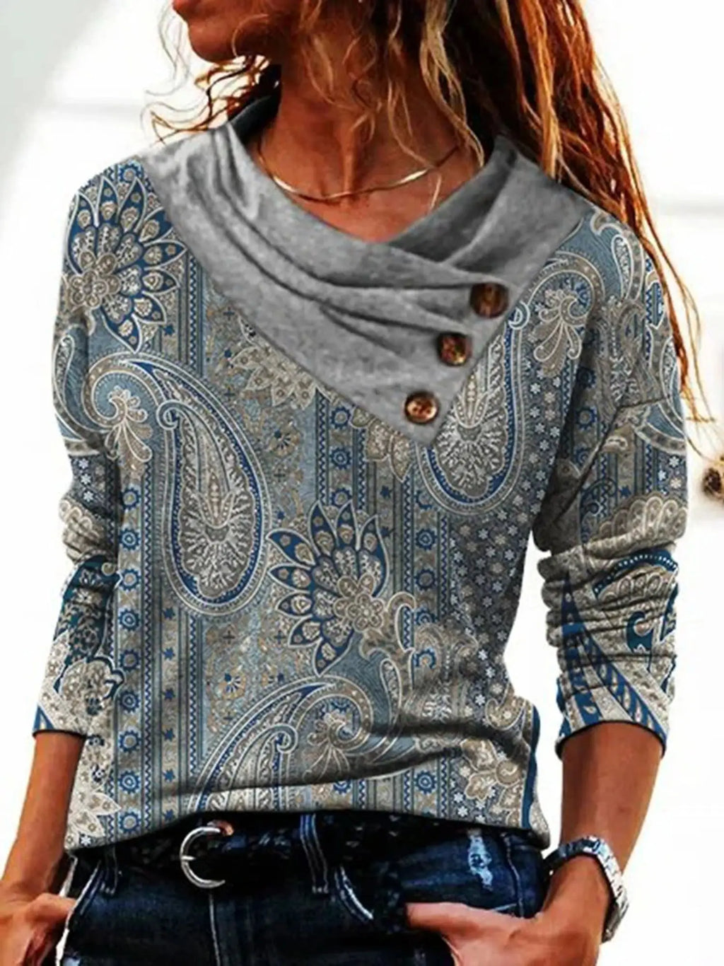 Women's Scarf Collar Long Sleeve Casual Fitted V Neck Top with Elegant Design Sense