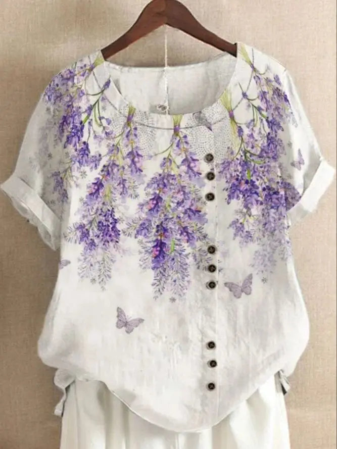 Vintage Cotton Linen Loose Fit Casual Short Sleeve Shirt for Women with Fashion Print