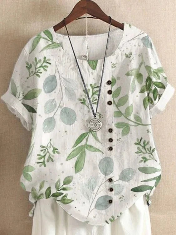 Vintage Cotton Linen Loose Fit Casual Short Sleeve Shirt for Women with Fashion Print