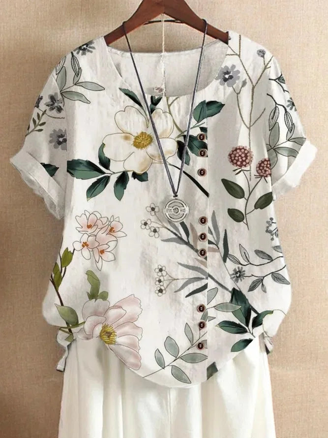 Vintage Cotton Linen Loose Fit Casual Short Sleeve Shirt for Women with Fashion Print