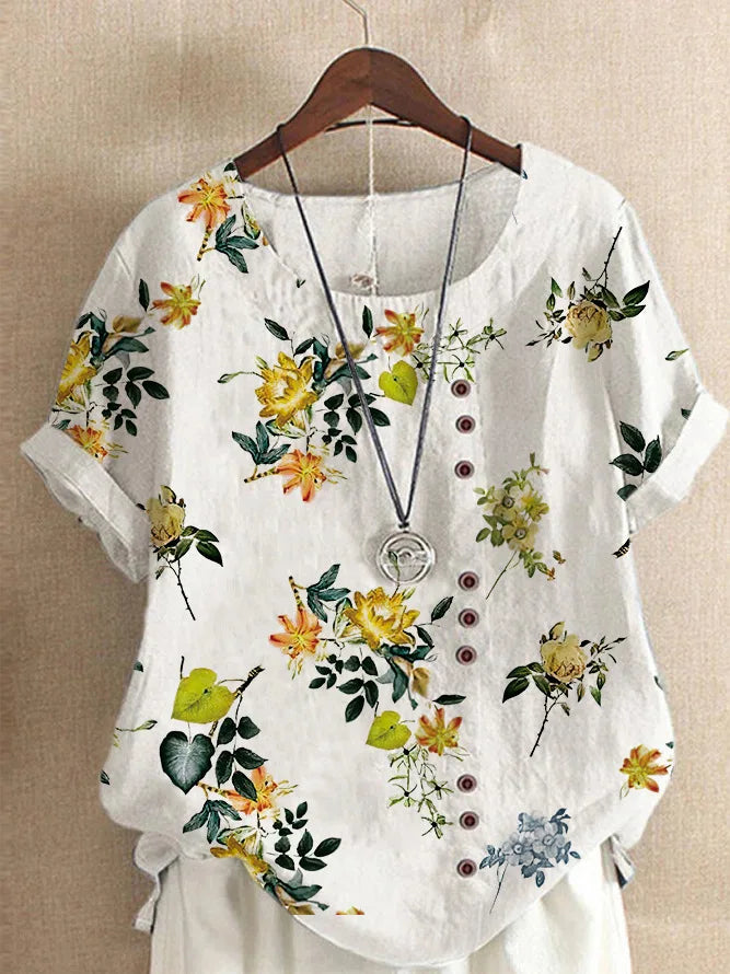 Vintage Cotton Linen Loose Fit Casual Short Sleeve Shirt for Women with Fashion Print