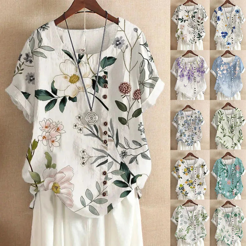 Vintage Cotton Linen Loose Fit Casual Short Sleeve Shirt for Women with Fashion Print