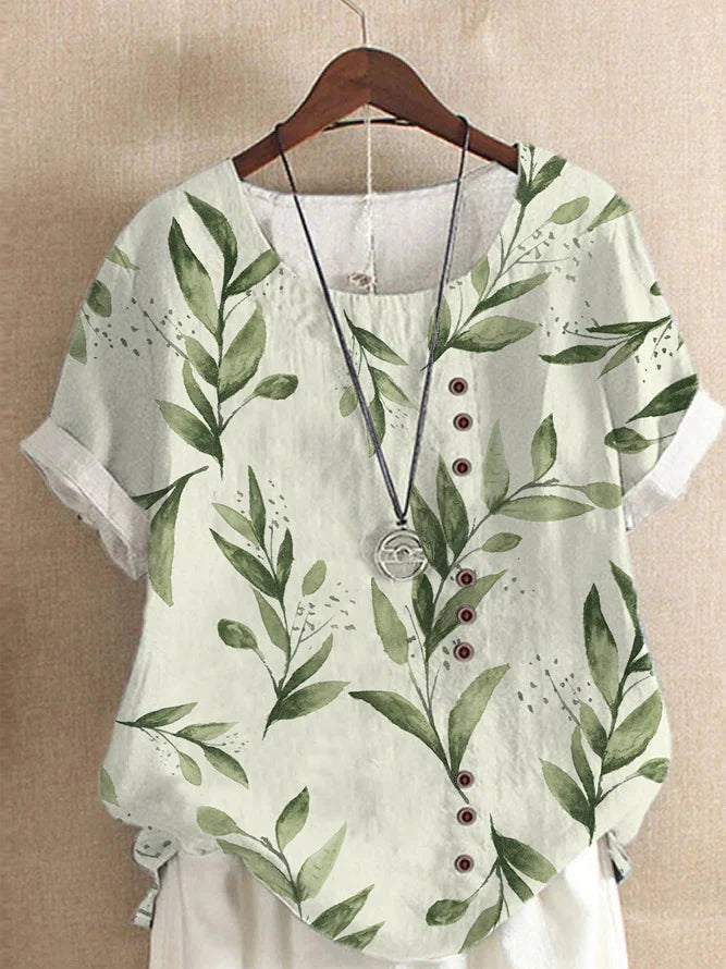 Vintage Cotton Linen Loose Fit Casual Short Sleeve Shirt for Women with Fashion Print