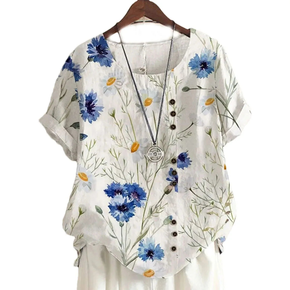 Vintage Cotton Linen Loose Fit Casual Short Sleeve Shirt for Women with Fashion Print