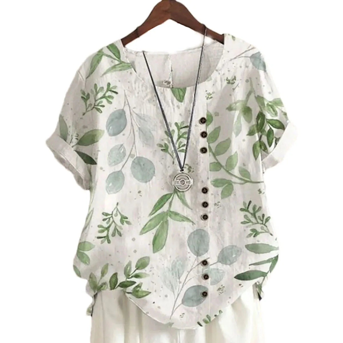 Vintage Cotton Linen Loose Fit Casual Short Sleeve Shirt for Women with Fashion Print