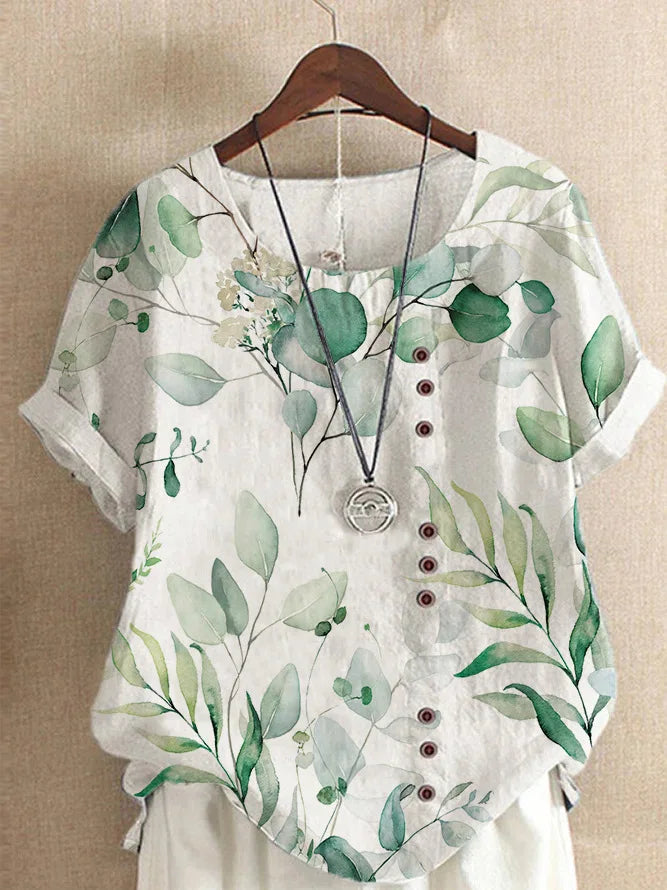 Vintage Cotton Linen Loose Fit Casual Short Sleeve Shirt for Women with Fashion Print