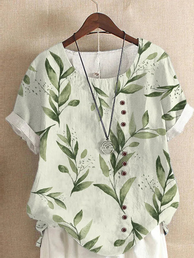 Vintage Cotton Linen Loose Fit Casual Short Sleeve Shirt for Women with Fashion Print