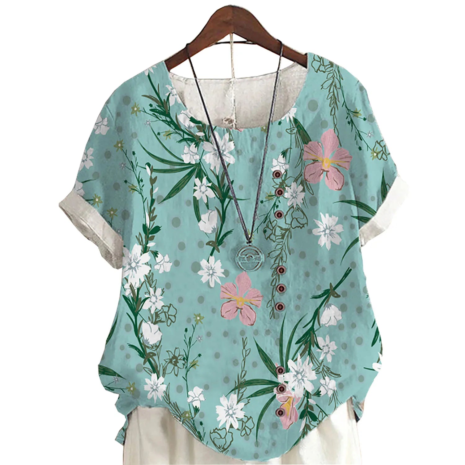 Vintage Cotton Linen Loose Fit Casual Short Sleeve Shirt for Women with Fashion Print