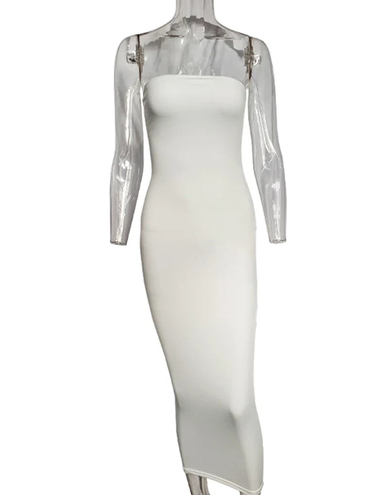 Elegant Spring Summer Women's Sleeveless Long Beach Dress with Solid Color and Chest Wrap Design