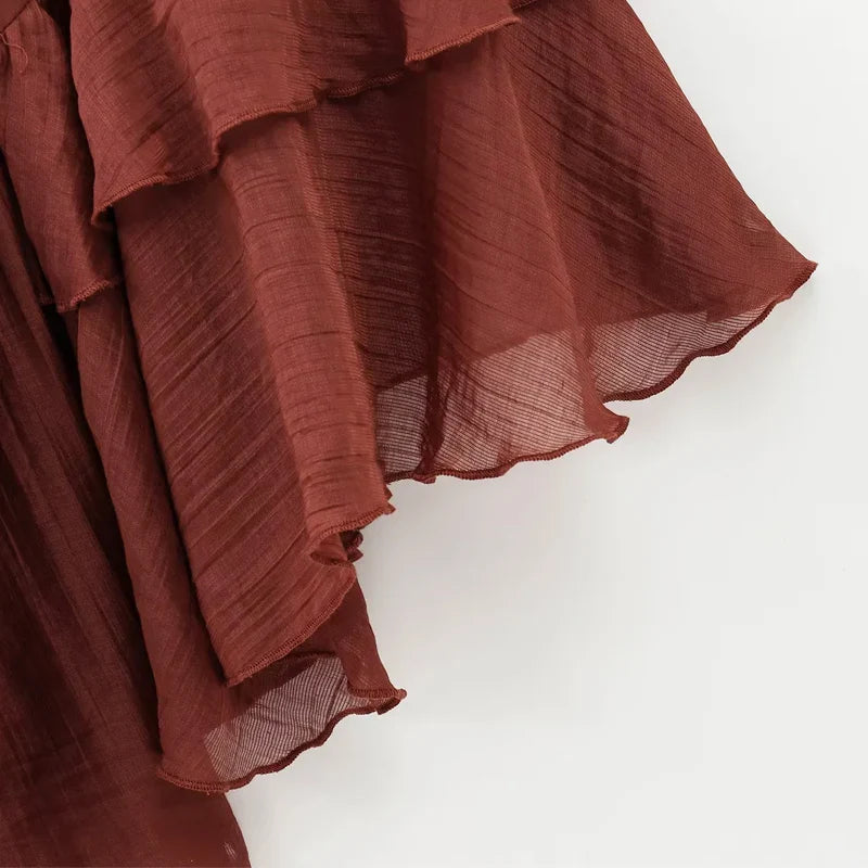 Elegant Ruffle Long Sleeve Mini Dress with Tie Waist and Pleated Details for Summer Party and Casual Wear