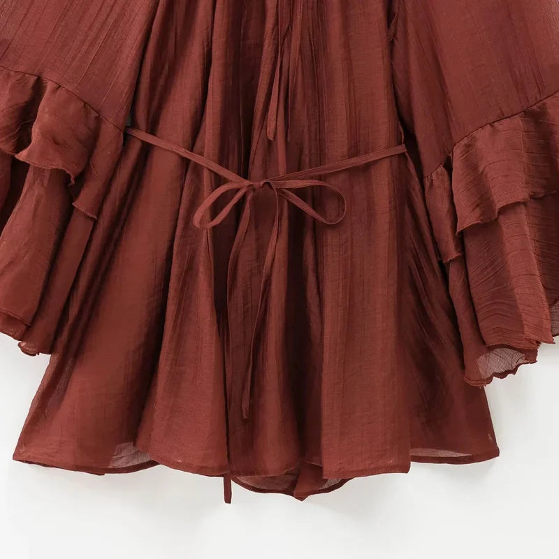 Elegant Ruffle Long Sleeve Mini Dress with Tie Waist and Pleated Details for Summer Party and Casual Wear