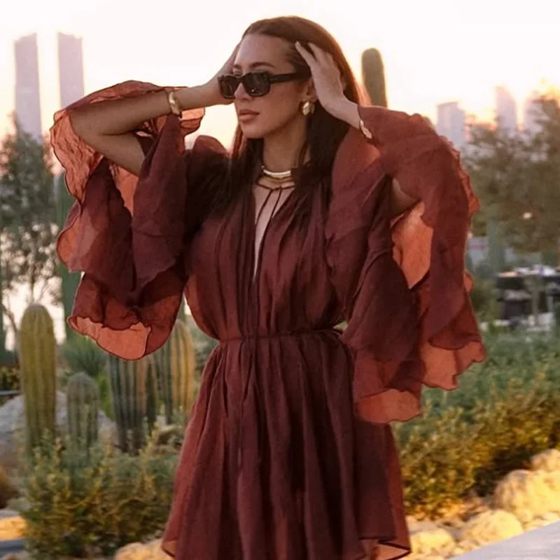 Elegant Ruffle Long Sleeve Mini Dress with Tie Waist and Pleated Details for Summer Party and Casual Wear