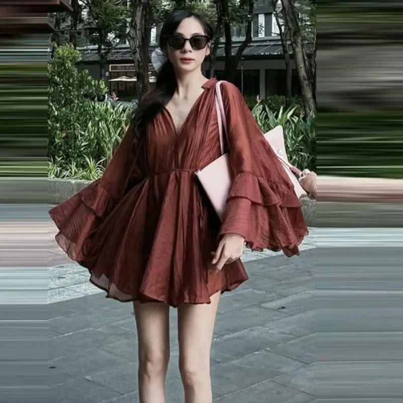 Elegant Ruffle Long Sleeve Mini Dress with Tie Waist and Pleated Details for Summer Party and Casual Wear